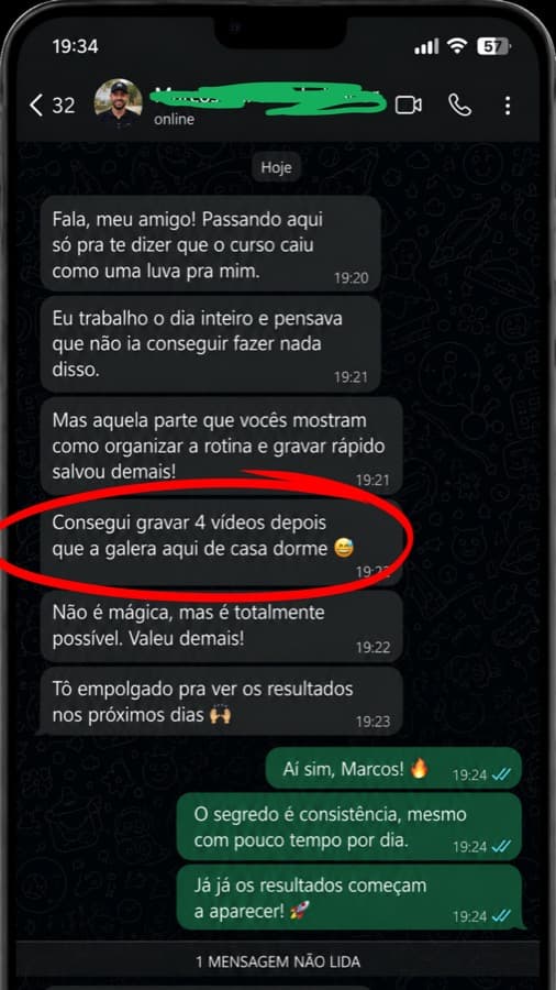 Print de conversa: aluno conta que trabalha o dia inteiro e mesmo assim gravou 4 vídeos depois que a família dorme.